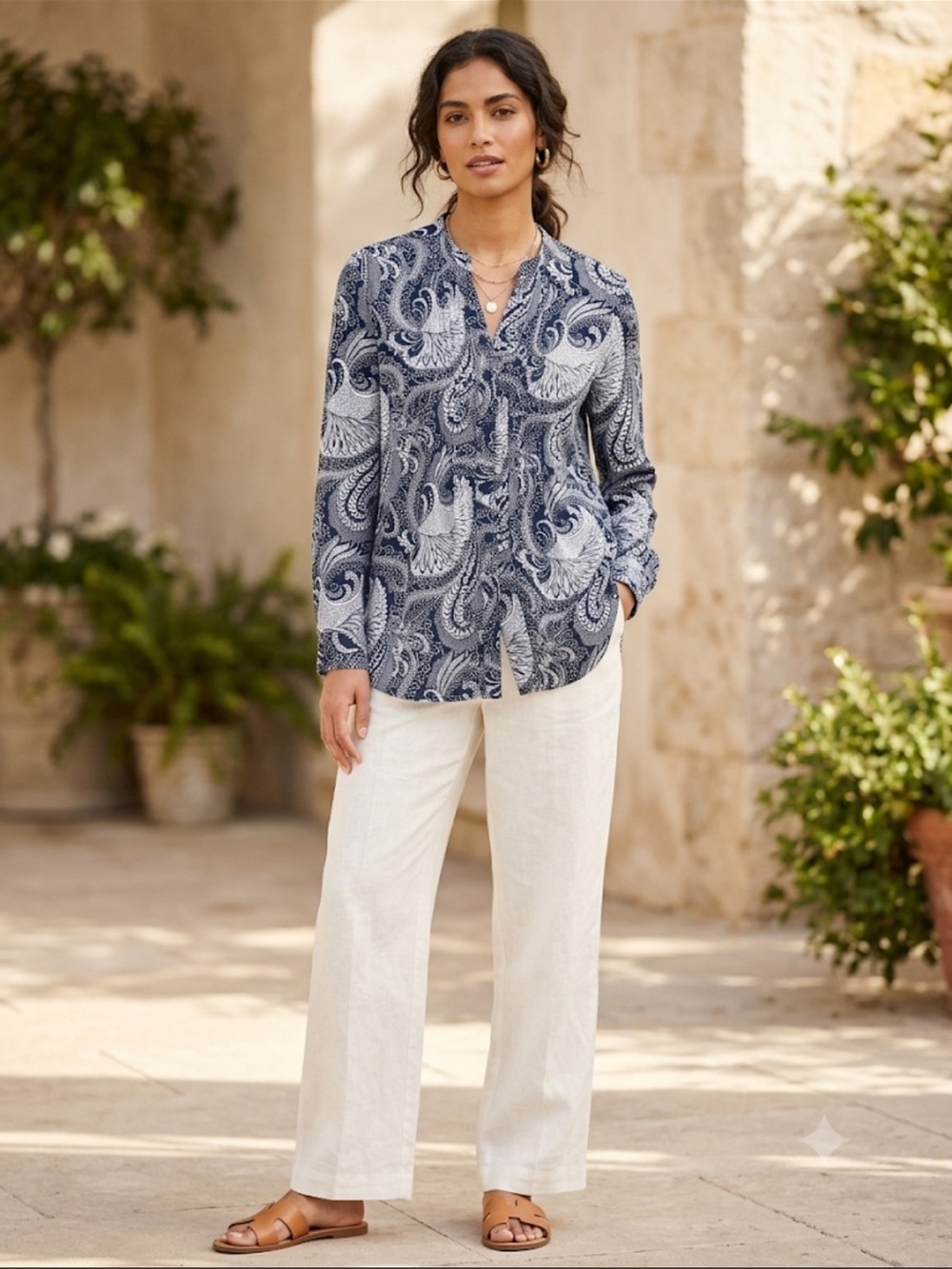 Talbots Navy White Patterned Button Down Shirt Size S
